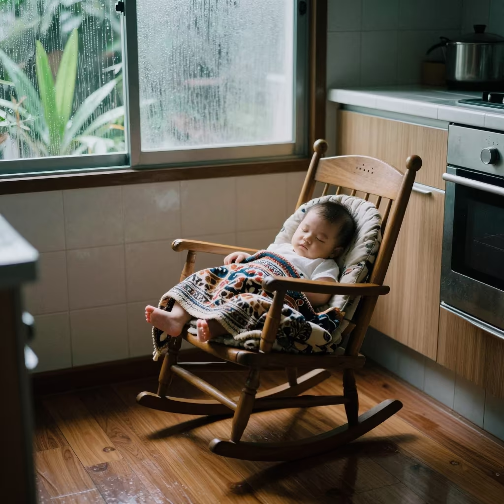 Sleeping Baby in Rocking Chair Kuala Lumpur Kitchen in in a cozy kitchen in Kuala Lumpur
