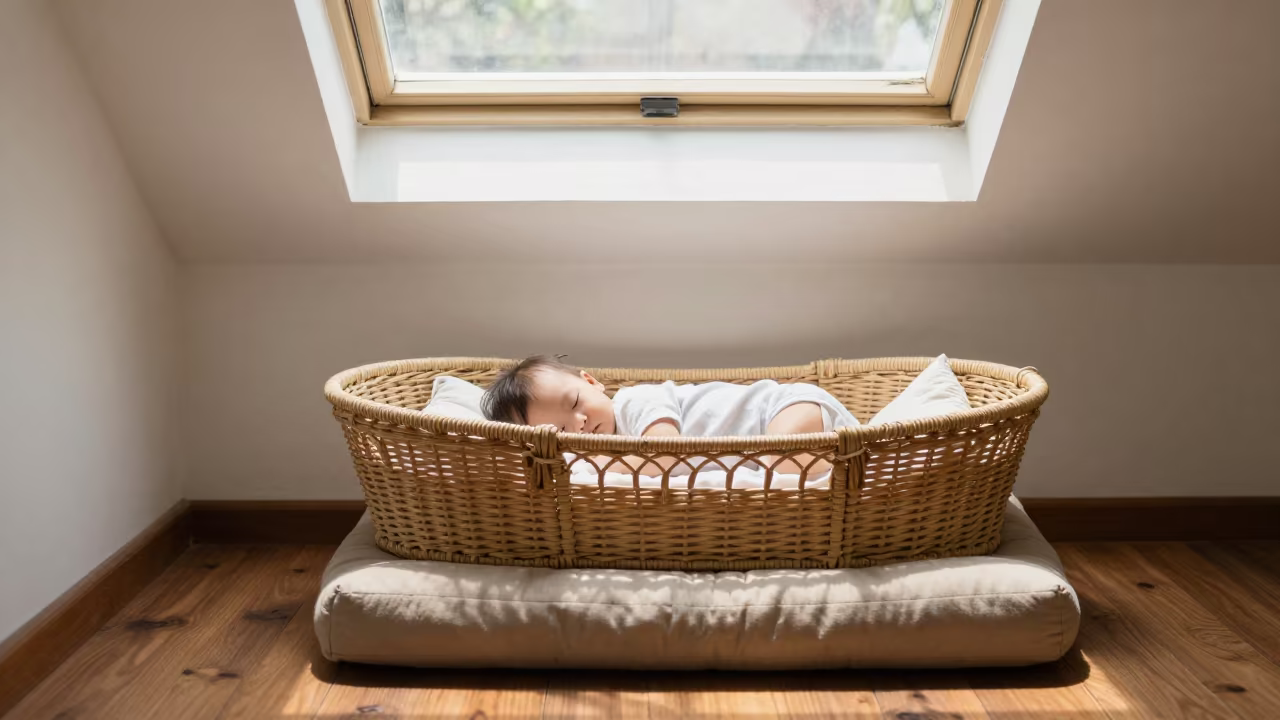 Sleeping Baby in Wicker Bassinet Near Dala Yangon in on a reading nook cushion near Dala, Yangon
