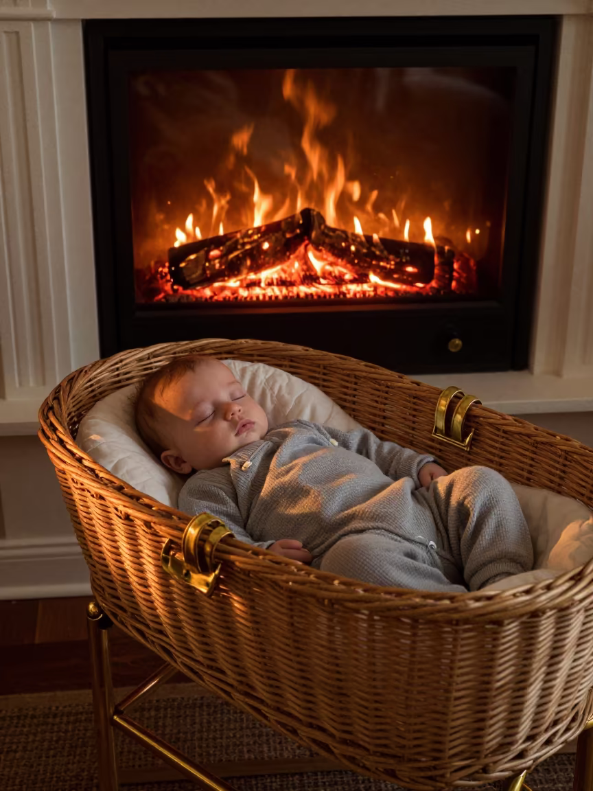 Sleeping Baby in Wicker Bassinet by Fireplace in by a crackling fireplace near Charallave