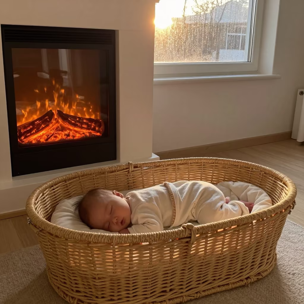 Sleeping Baby in Wicker Bassinet Near Fireplace in by a crackling fireplace near Manisa