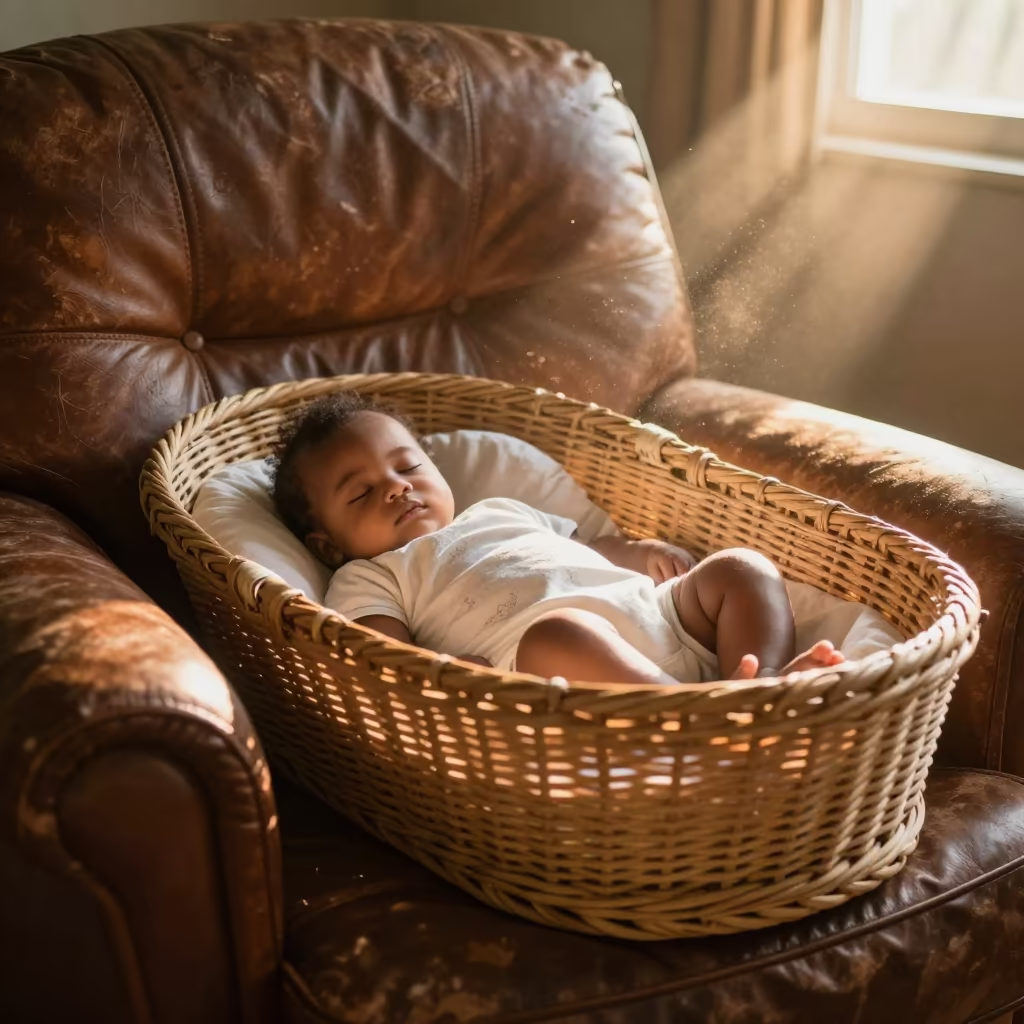 Sleeping Baby in Wicker Bassinet on Leather Chair in on a worn leather armchair in Mwanza