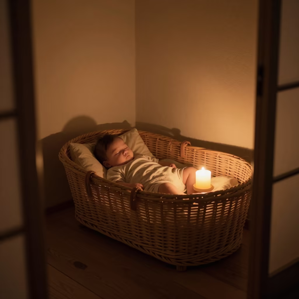 Sleeping Baby in Wicker Bassinet Midnight Hiroshima in on a reading nook cushion in Hiroshima