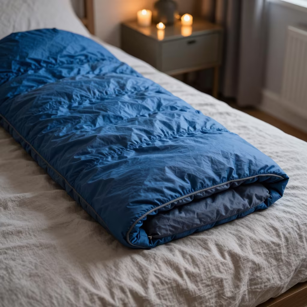 Sleeping Bag on Linen Daybed in Hillah Evening Light in on a bedside table in Hillah