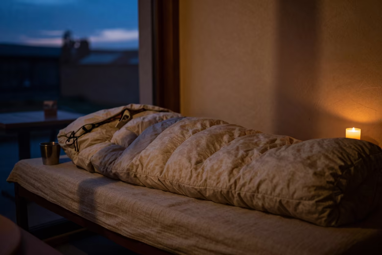 Sleeping Bag on Linen Daybed in Kirkuk Cafe in on a cafe table by a window in Kirkuk