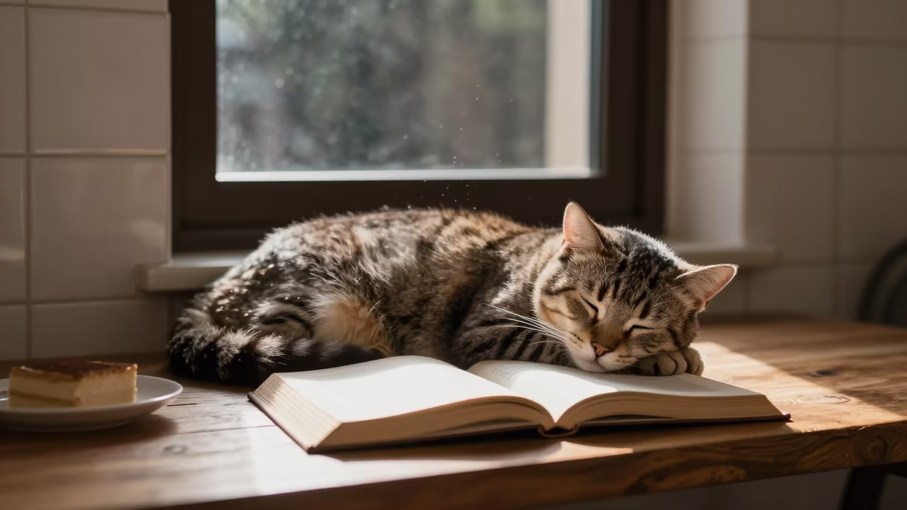 Sleeping Cat on Book in Trieste Nook in in a breakfast nook in Trieste