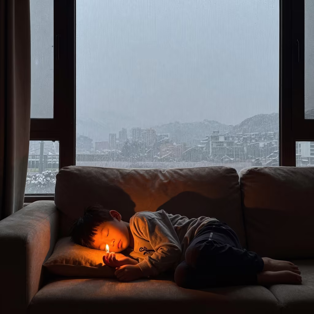 Sleeping Child Silhouetted by Firelight in Guiyang Monsoon in near Guiyang