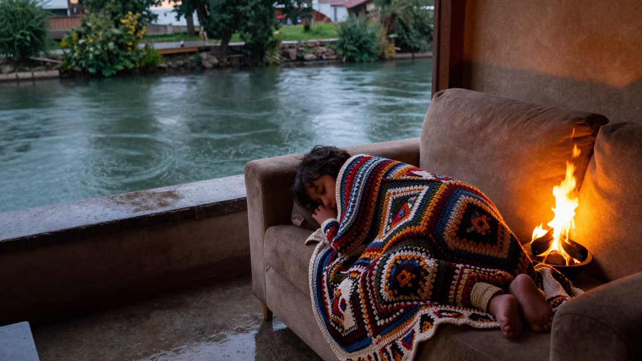 Sleeping Child on Sofa by Kırıkkale Canal in beside a canal in Kırıkkale