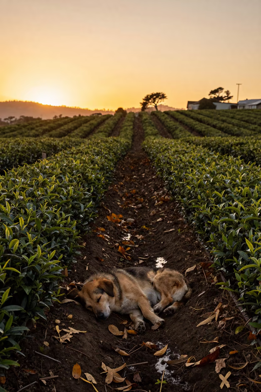 Sleeping Dog in Autumn Tea Rows in at the edge of a tea plantation in Haight-Ashbury, San Francisco