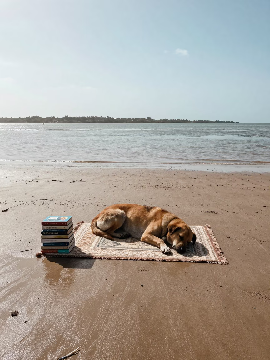 Sleeping Dog and Books by Tidal Inlet in beside a tidal inlet near Conakry