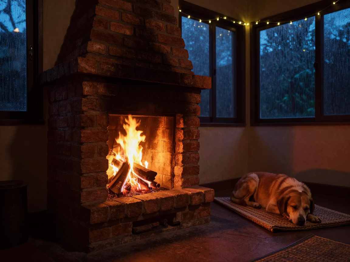 Sleeping Dog by Fire in Pune Monsoon in by a crackling fireplace in Pune