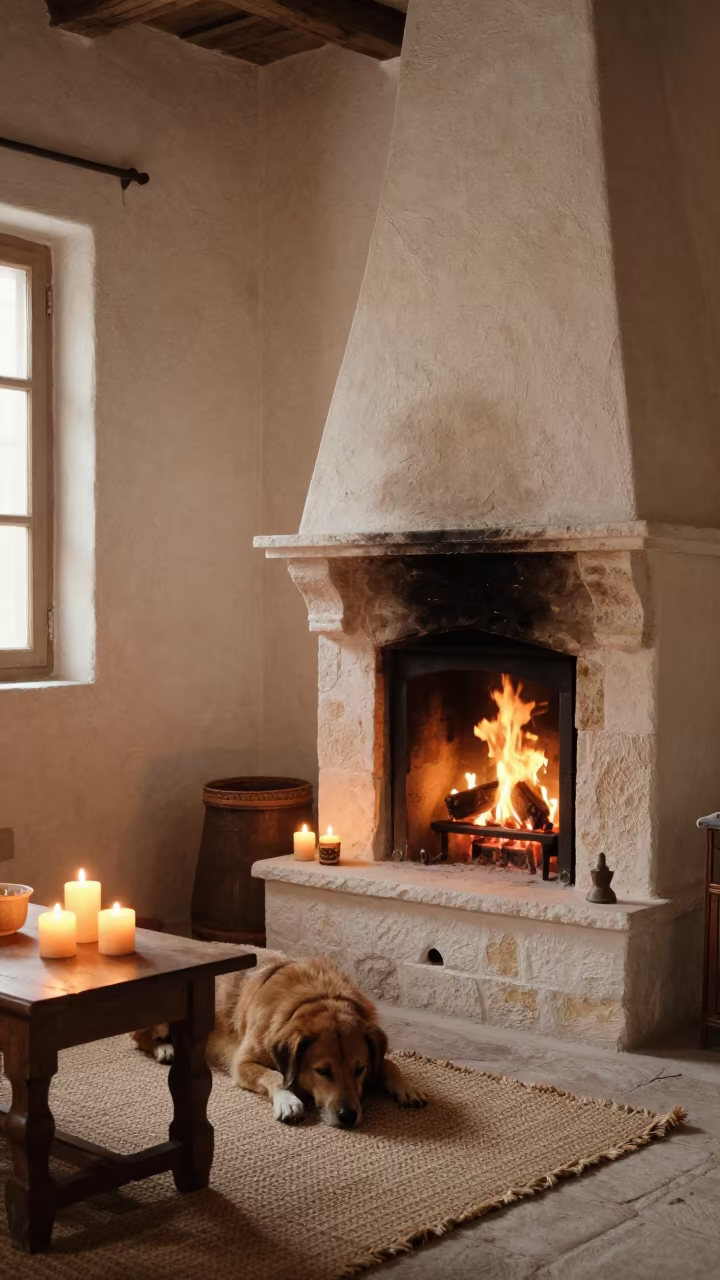 Sleeping Dog by Fireplace in Al Bayda Bedroom in in a candlelit bedroom in Al Bayda
