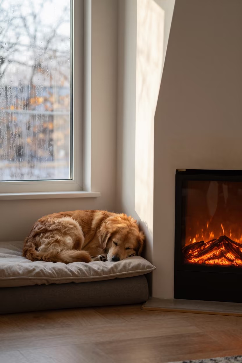 Sleeping Dog by Fireplace in Autumn Reading Nook in on a reading nook cushion near Zhengzhou