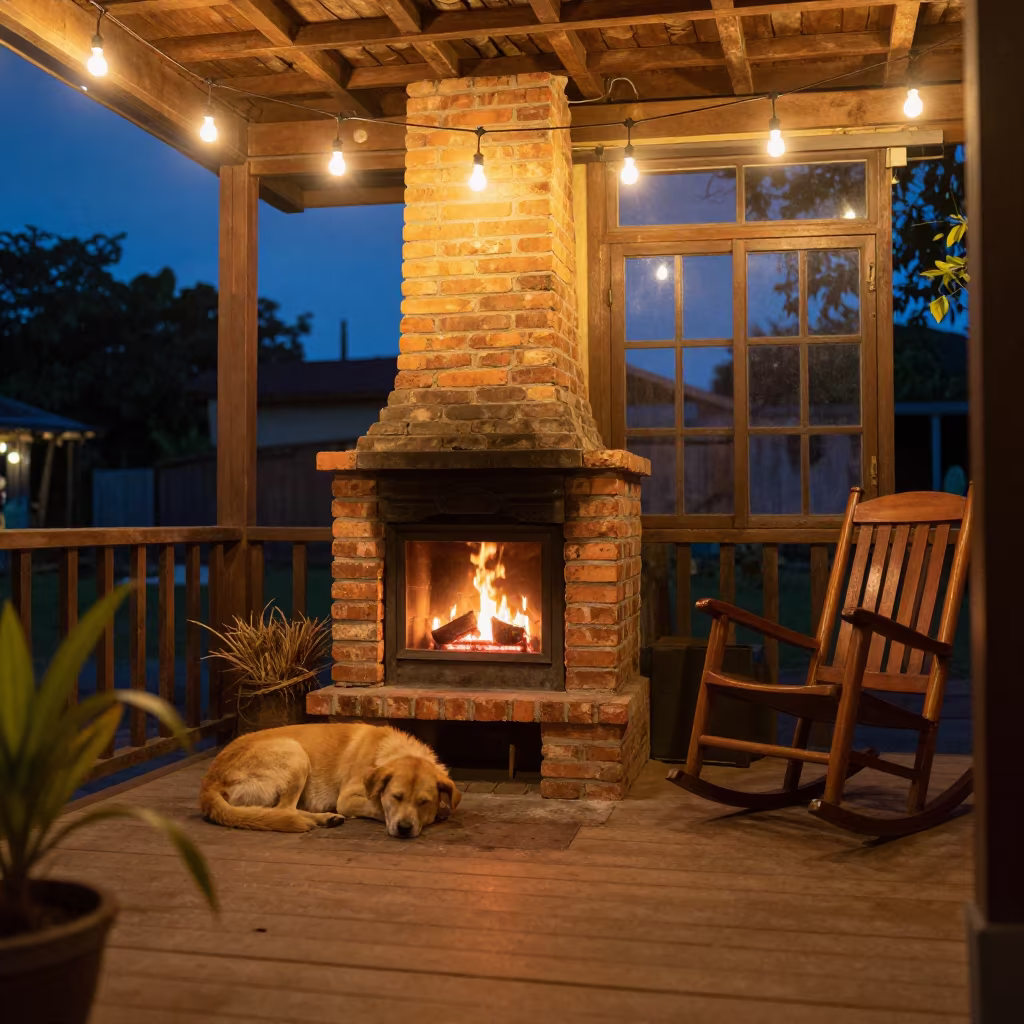 Sleeping Dog by Fireplace on Can Tho Porch in on a porch with a rocking chair in Can Tho