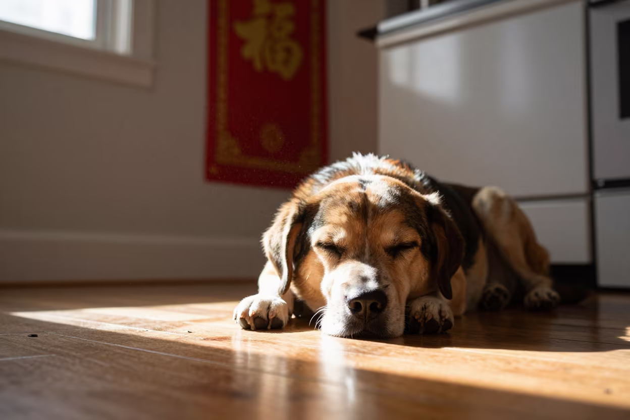 Sleeping Dog in Sunlit Chinatown Kitchen in in a cozy kitchen in Chinatown, San Francisco