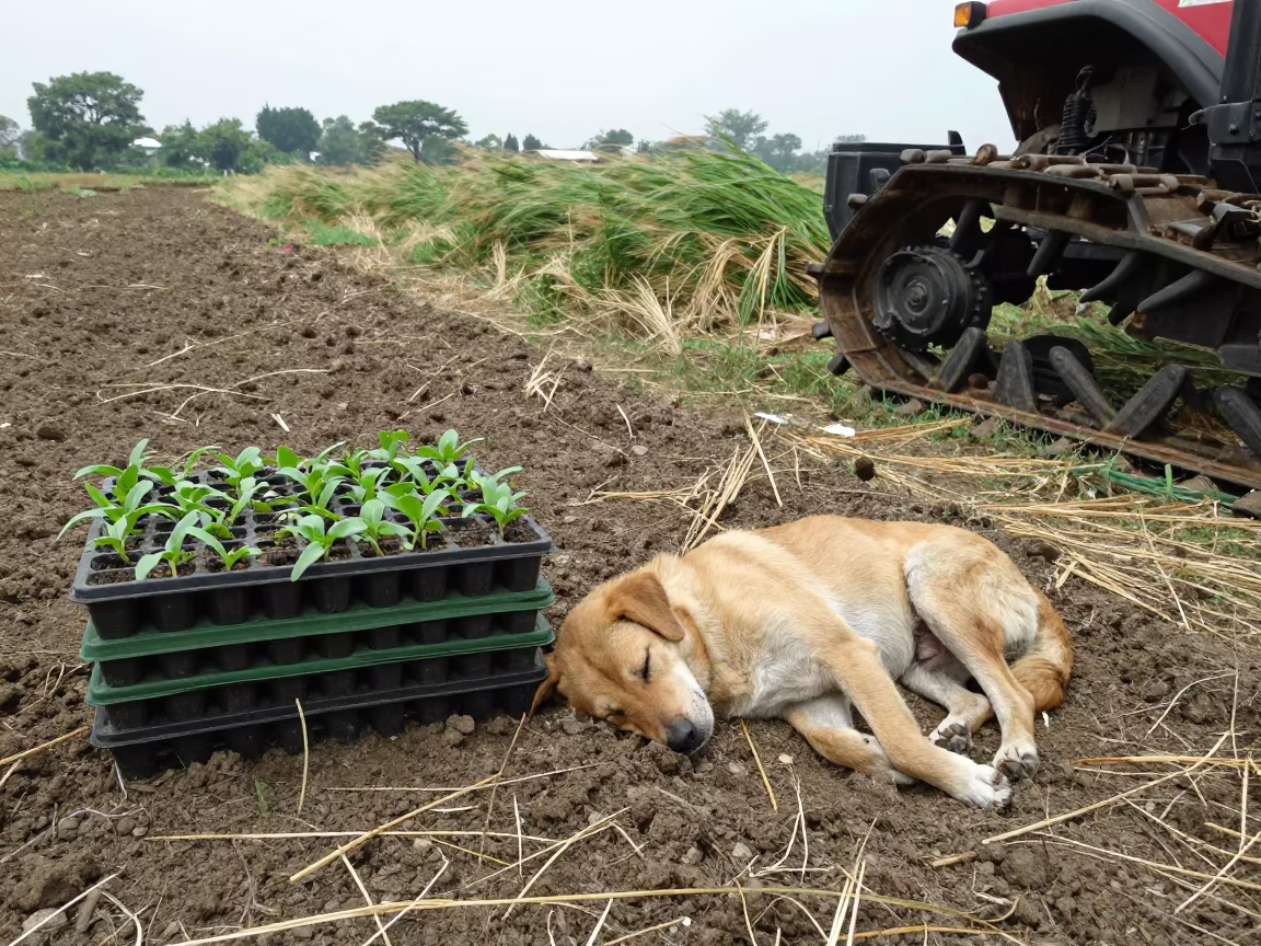 Sleeping Farm Dog Beside Seedling Trays in beside a tractor track through dark soil in Cumilla