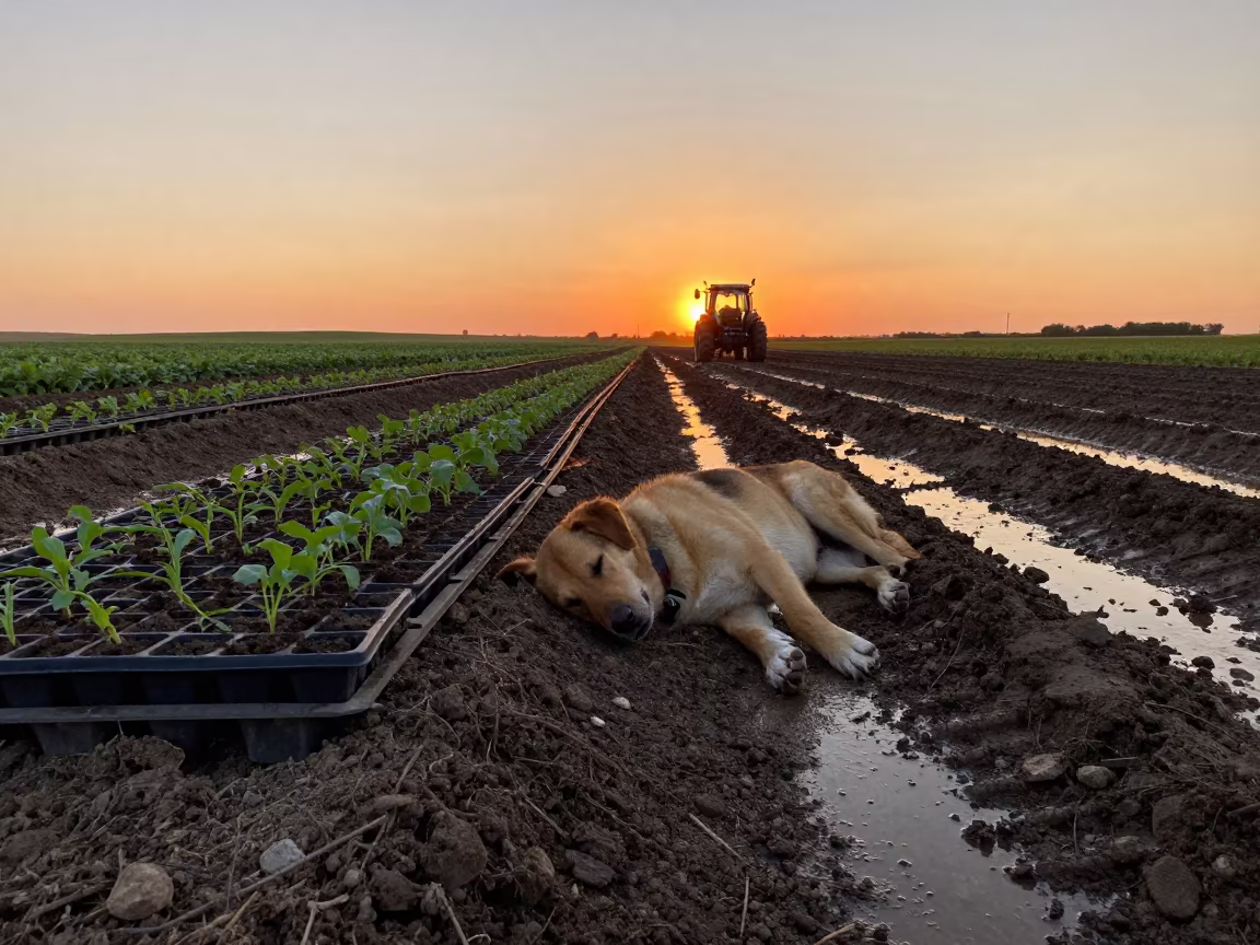 Sleeping Farm Dog at Sunset in South Dakota Fields in beside a tractor track through dark soil in South Dakota