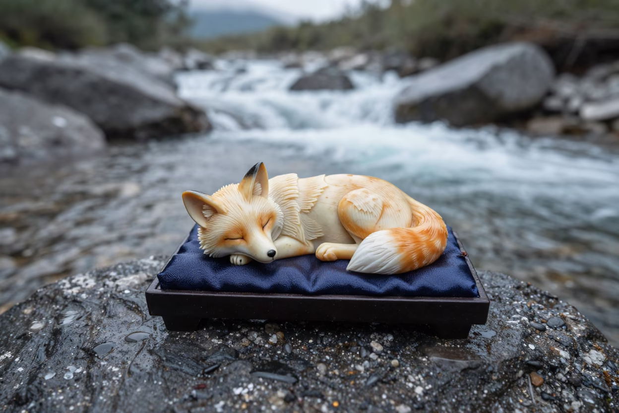 Sleeping Fox Netsuke on Silk Above Chad Stream in above a glacial stream in Chad