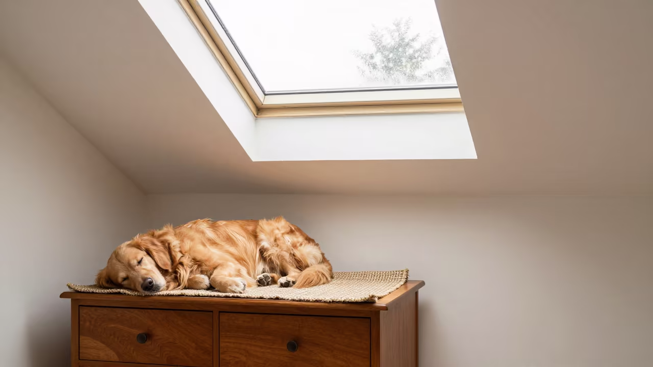 Sleeping Golden Retriever on Hotel Dresser in on a hotel dresser in Tabora