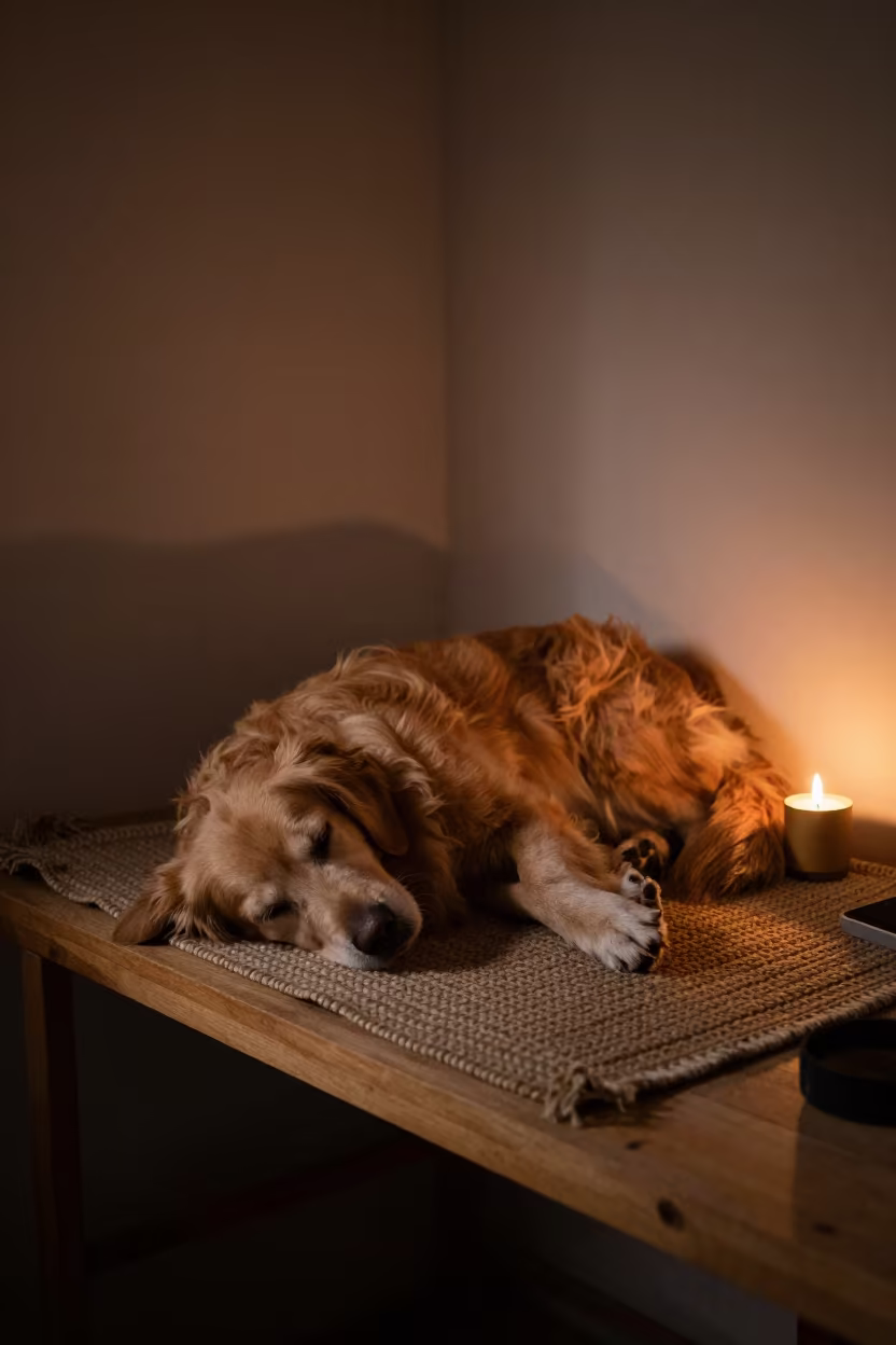 Sleeping Golden Retriever on Rug in Mecca in on a wooden workbench in Mecca