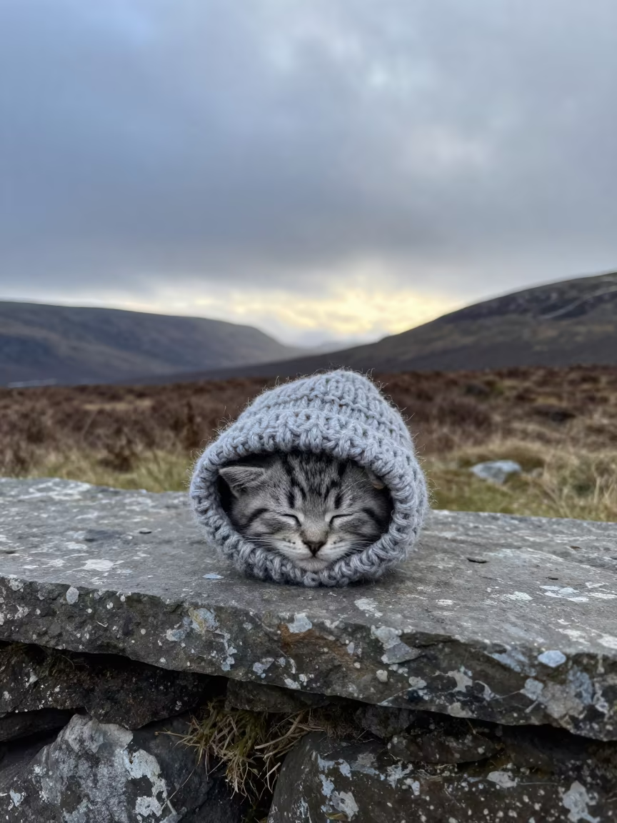 Sleeping Kitten in Knitted Hat Highland Dawn in in the Scottish Highlands