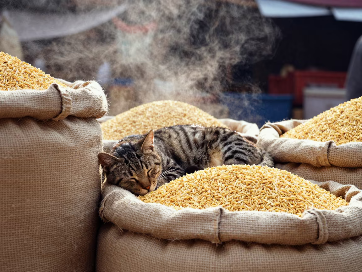 Sleeping Market Cat Among Grain Sacks in Indore in at a market stall in Indore