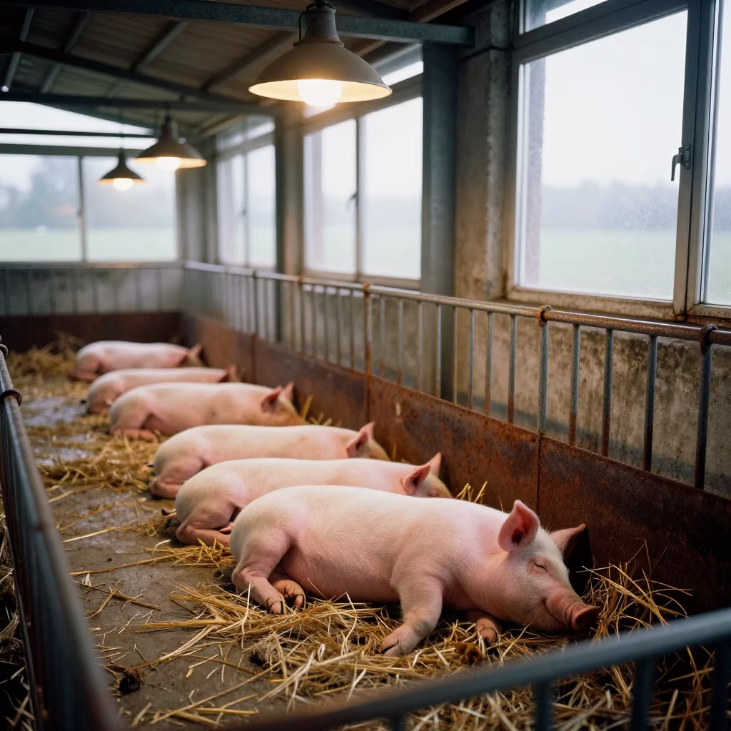Sleeping Piglets in Czech Milking Parlor Morning Light in inside a milking parlor in Czech Republic