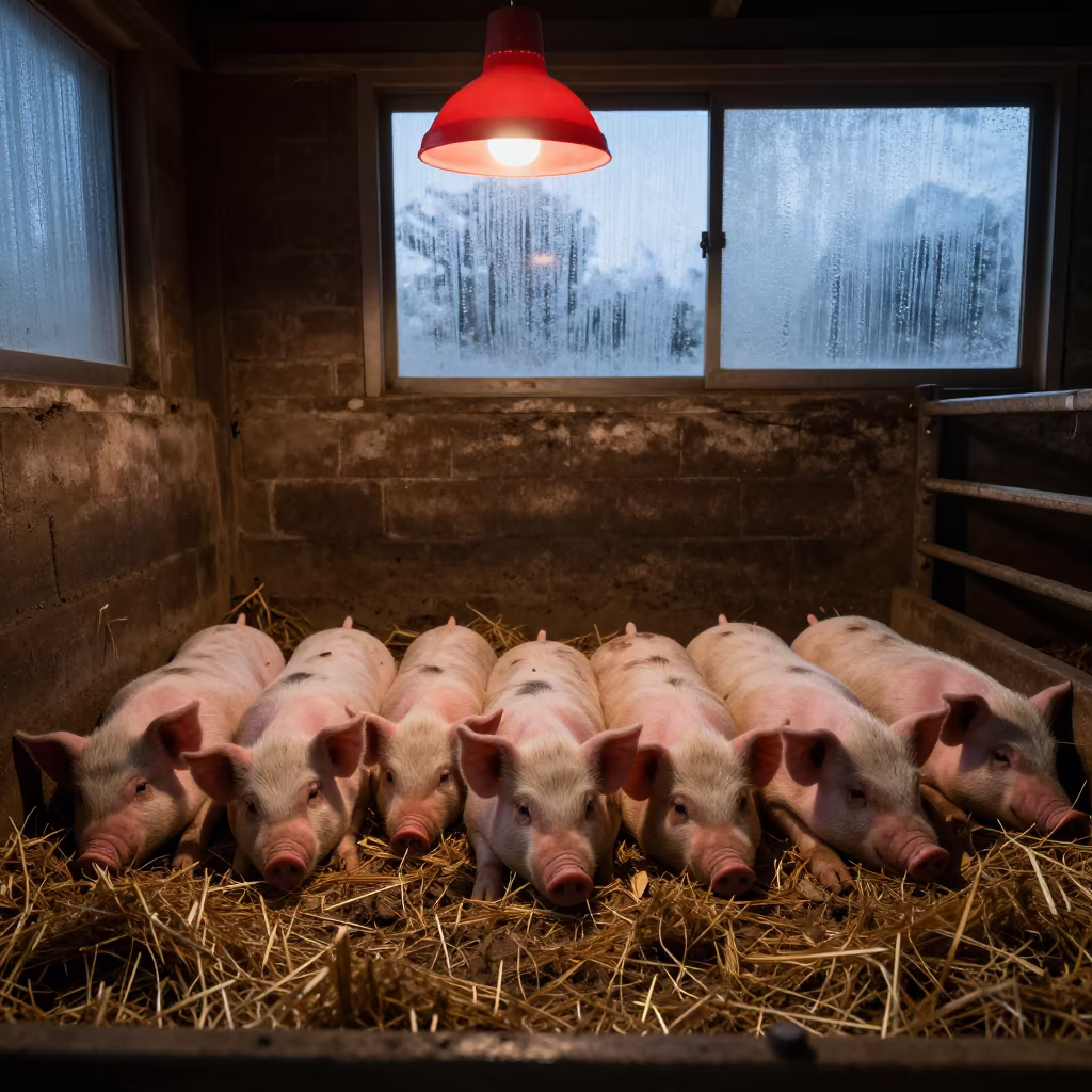 Sleeping Piglets in Gambia Barn Late Afternoon in inside a lambing barn in Gambia