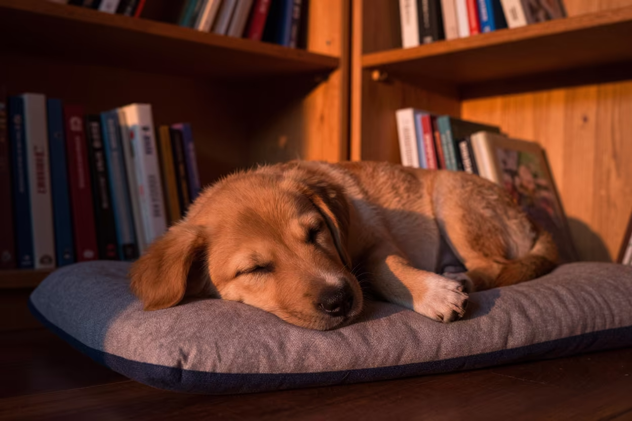 Sleeping Puppy on Cushion in Copper Sunset Light in on a reading nook cushion near Mwanza