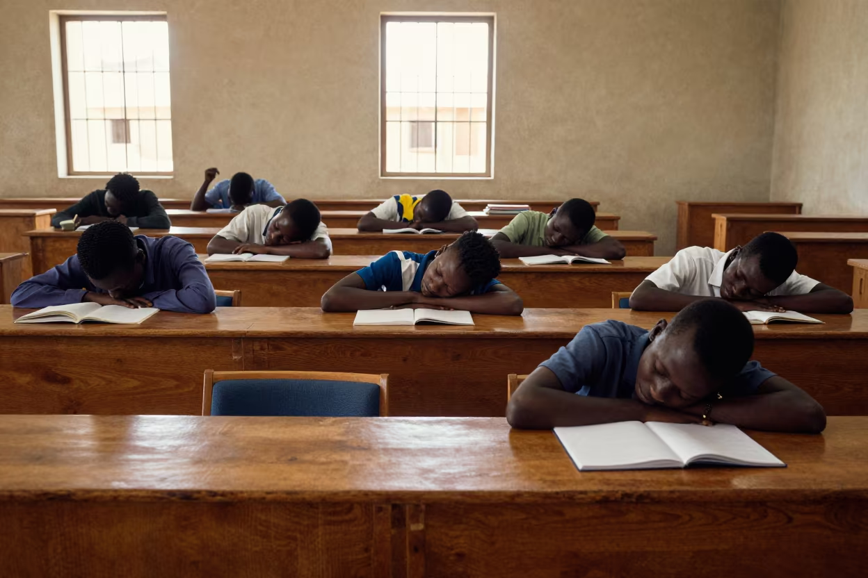 Sleeping Students Noon Lecture Hall Nouakchott in at a seminar table covered in notes in Nouakchott