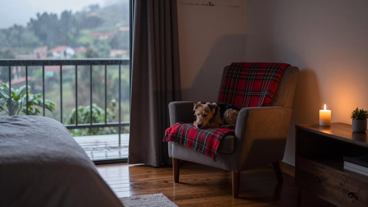 Sleeping Terrier on Tartan Armchair in Candlelit Bedroom in in a candlelit bedroom near Laureles, Medellin