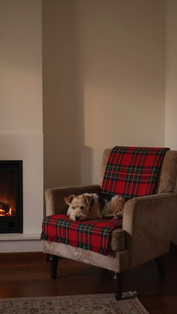 Sleeping Terrier on Tartan Throw by Fireplace in by a crackling fireplace in Kolkata