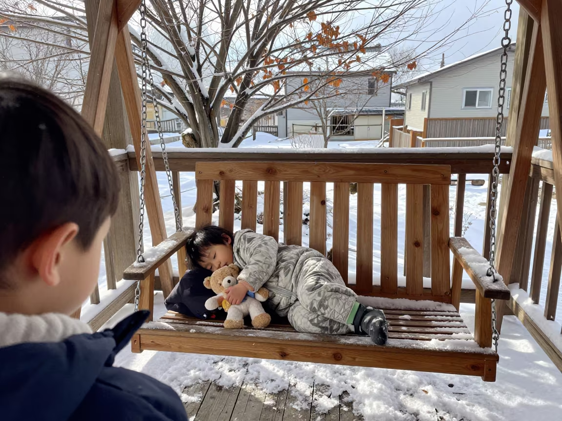 Sleeping Toddler on Porch Swing with Bear in near Kobe