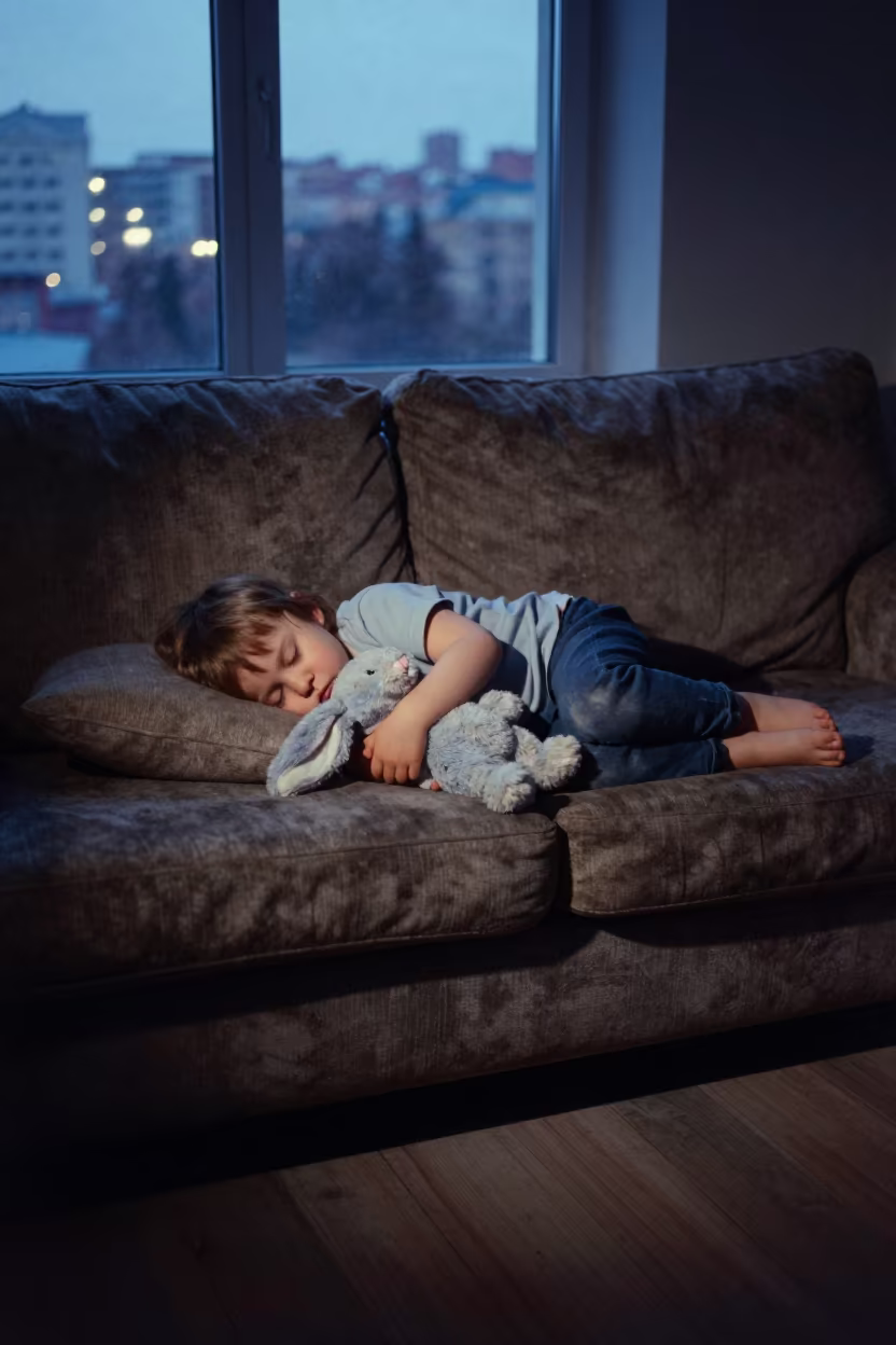 Sleeping Toddler and Rabbit on Sofa in Kharkiv Indigo Light in near Kharkiv