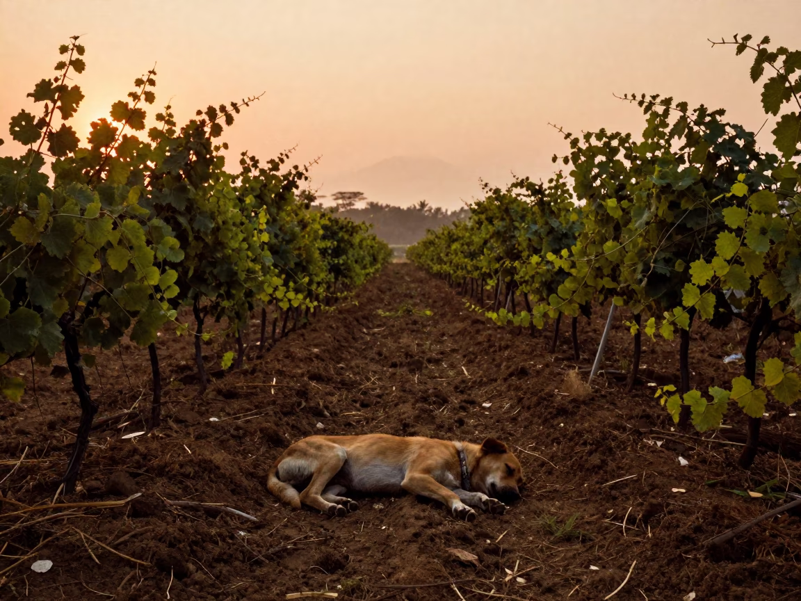 Sleeping Vineyard Dog in Kerala Sunset Light in beside a tractor track through dark soil in Kerala