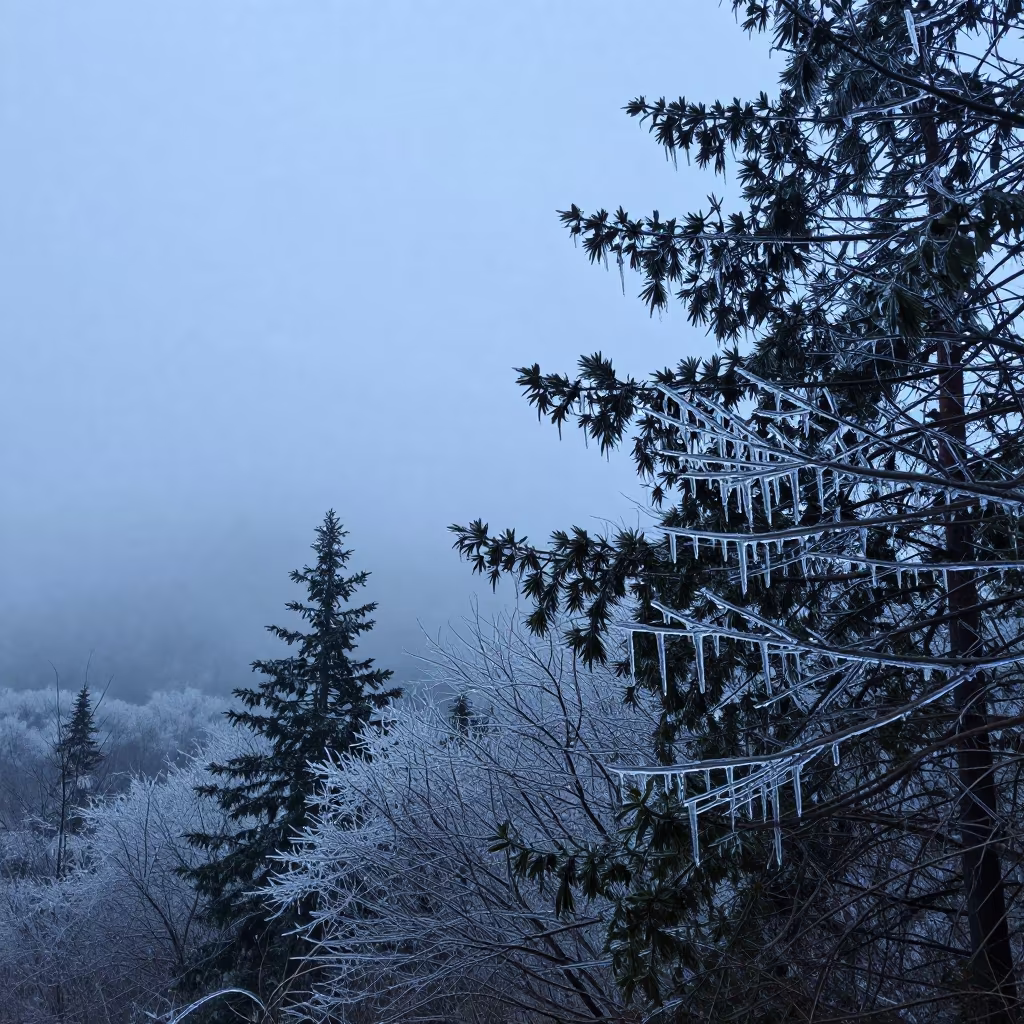 Sleet Coated Branches in Anchorage Twilight Fog in through low marine fog near Anchorage