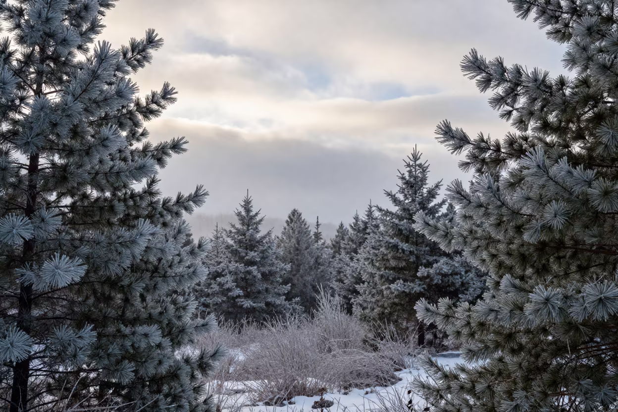 Sleet Coated Branches in Quebec Dawn Light in beneath fast-moving cloud bands in Quebec