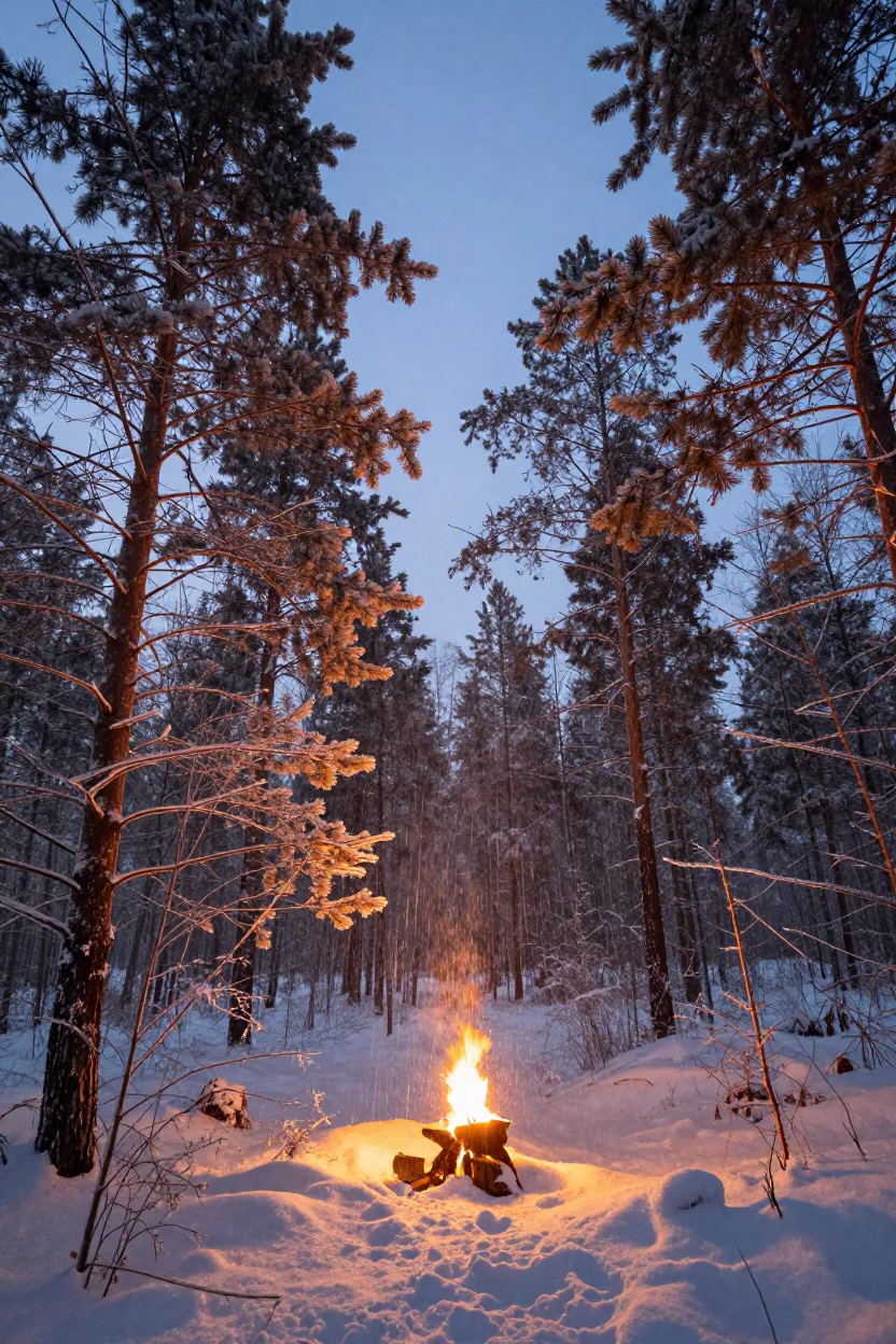Sleet Coated Branches in Siberian Copper Light in in Siberia