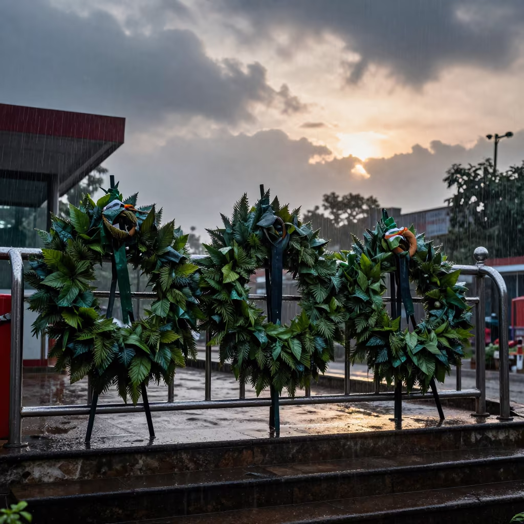 Sleet Darkened Wreath Outside Jalgaon Polling Station in outside a polling station entrance near Jalgaon
