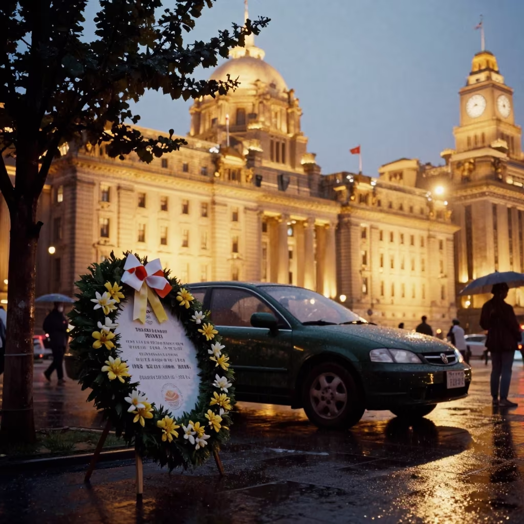 Sleet Darkens Civic Wreath Under Shanghai Floodlights in beneath government building floodlights in Old City, Shanghai