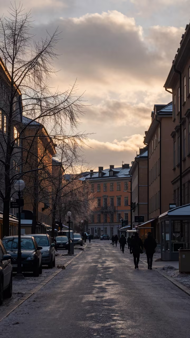 Sleet Ice Glaze Over Stockholm SOFO Dusk Silhouette in near SOFO, Stockholm