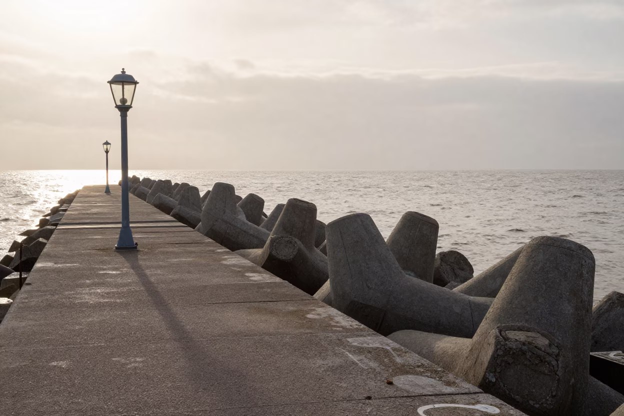 Sleet Lantern on Levee Path Above Floodwater in along a levee path above floodwater near Nice