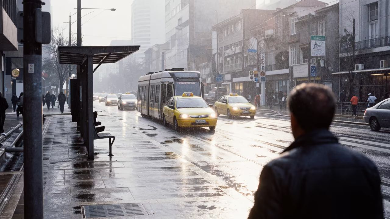 Sleet Shimmer on Porto Alegre Crosswalk in at a tram stop in Porto Alegre