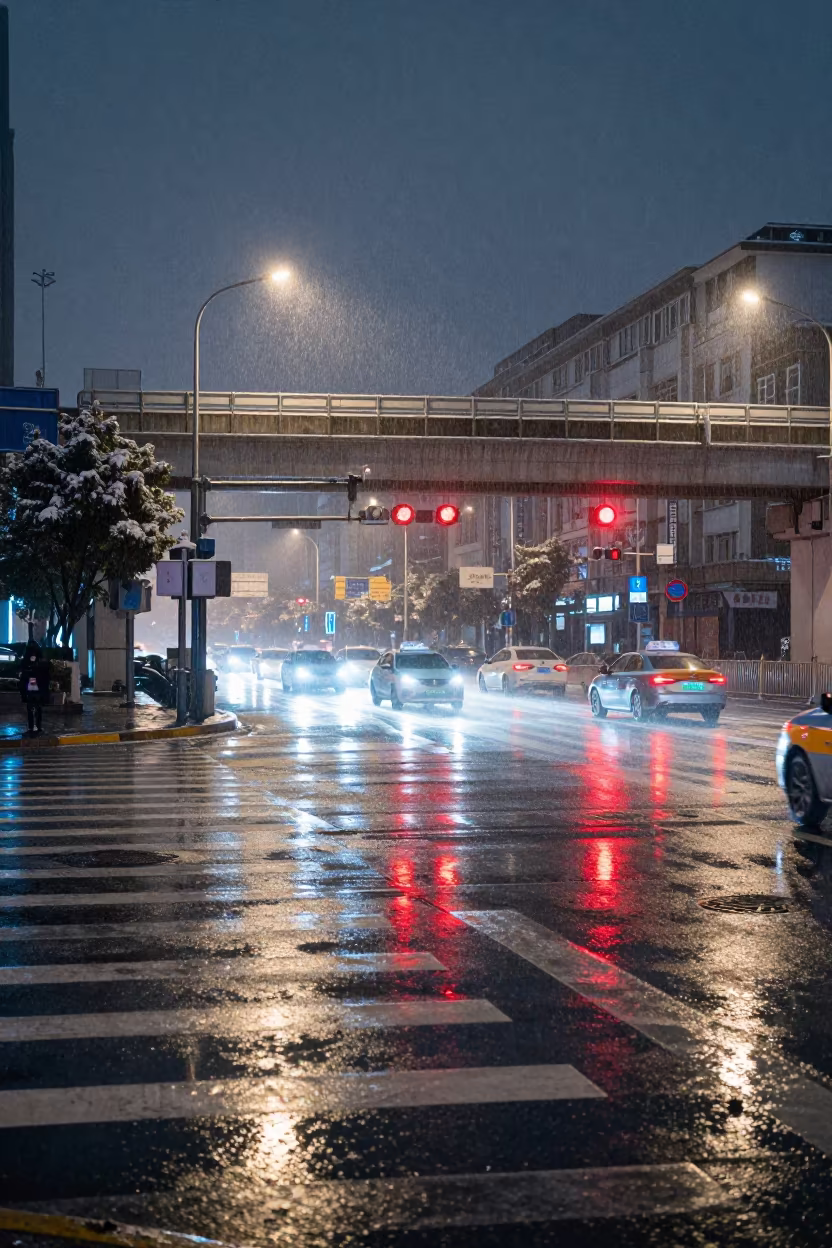 Sleet Shining Crosswalk Under Changsha Streetlights in beneath a flickering underpass light in Changsha