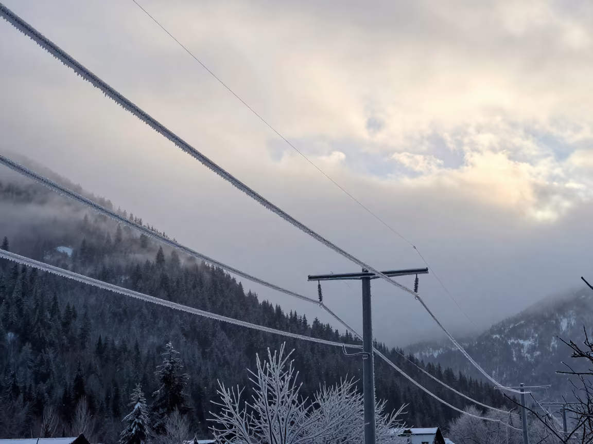 Sleet Storm Ice Coated Power Lines BC in in British Columbia