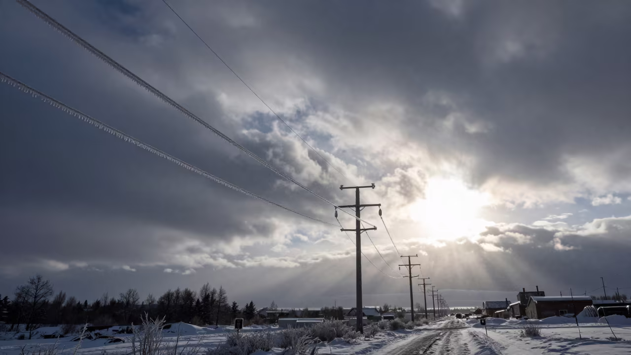 Sleet Storm Ice Power Line Anchorage Horizon in over a horizon of stacked thunderheads near Anchorage