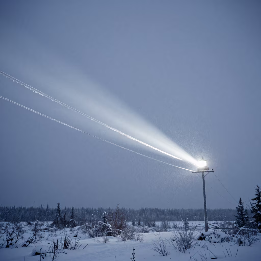 Sleet Storm Coating Power Line Midnight Northwest in beneath fast-moving cloud bands in Northwest Territories