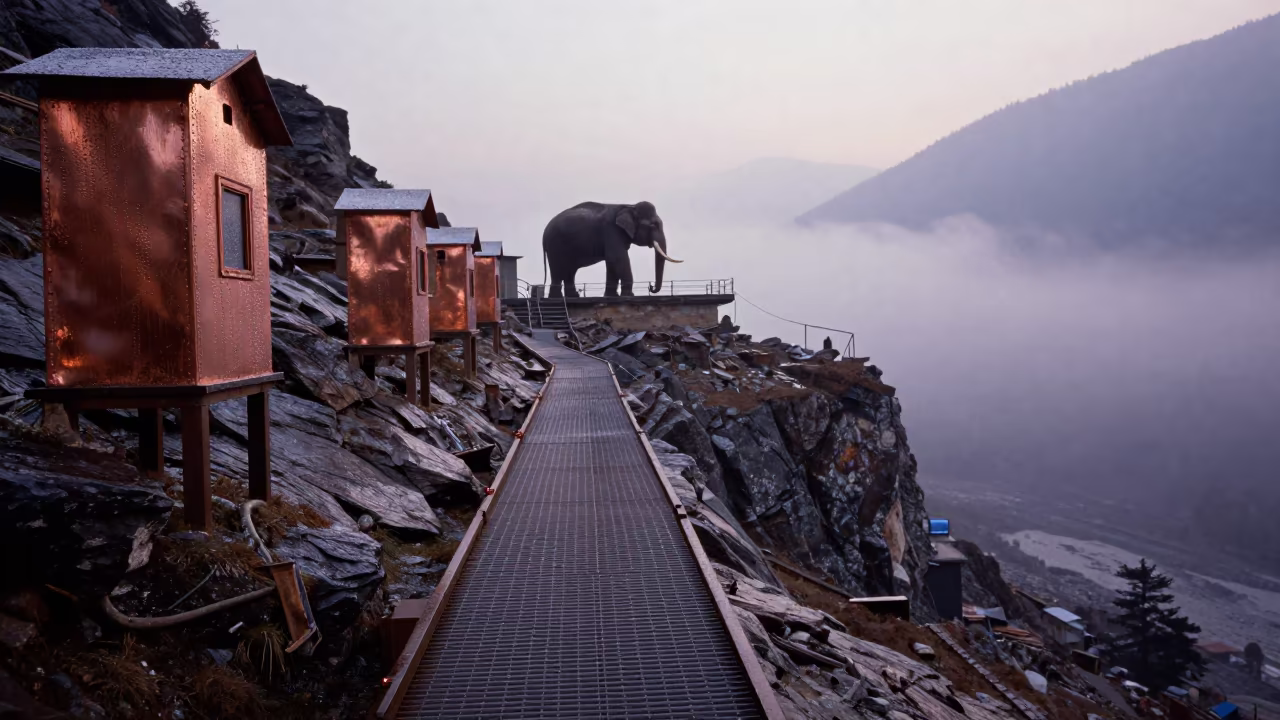 Sleeting Catwalk and Elephant in Manali Valley in along a rocky geology outcrop in Manali