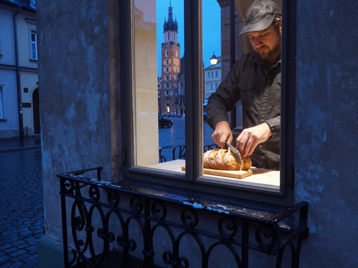 Slicing Bread in Krakow in in Krakow, Poland