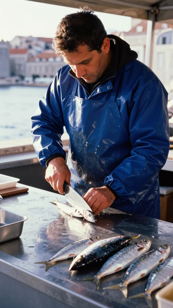 Slicing Sardines in Dubrovnik in in Dubrovnik, Croatia