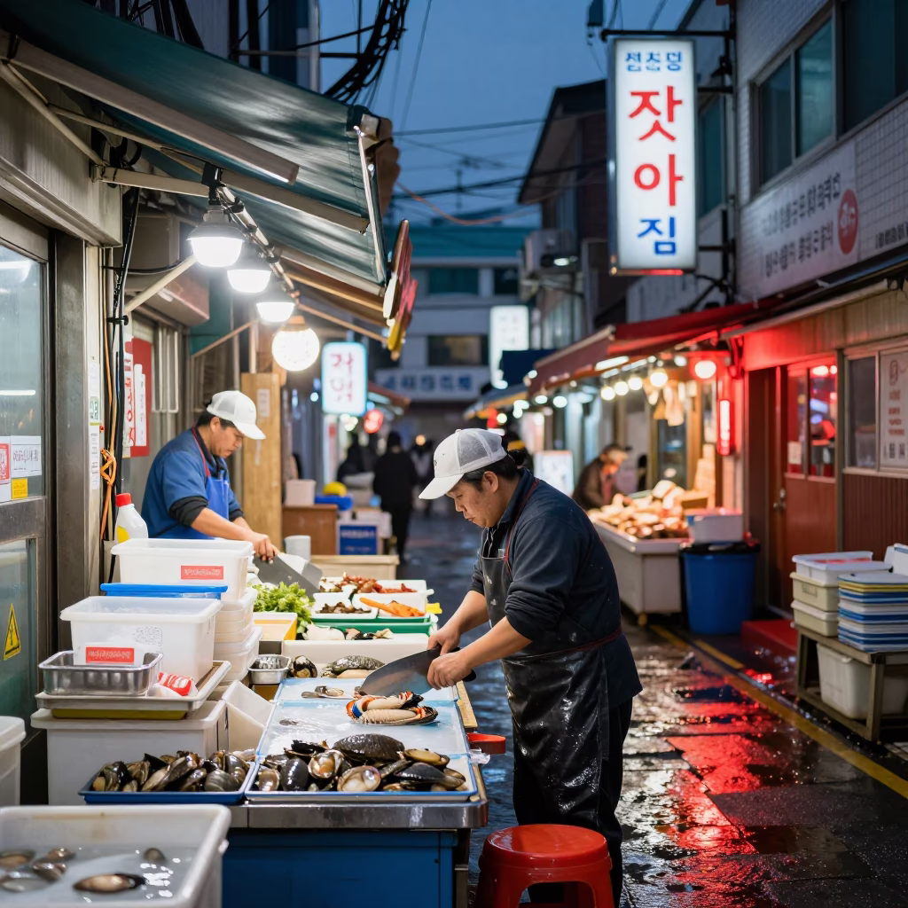 Slicing Seafood in Busan in in Busan, South Korea